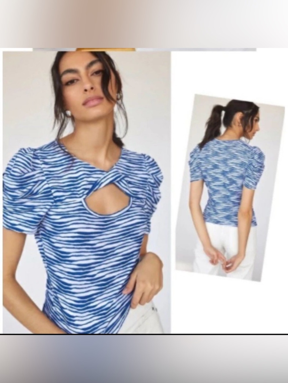 Maeve by Anthropologie Blue and White Zebra Puff Sleeve Cutout Top XS
